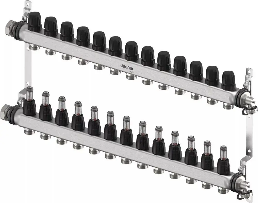 Uponor Verteiler mit zwei Reihen von Anschlüssen, ausgestattet mit schwarzen Knöpfen und Metallgehäuse, zur Verteilung von Heizungs- oder Kühlungswasser.